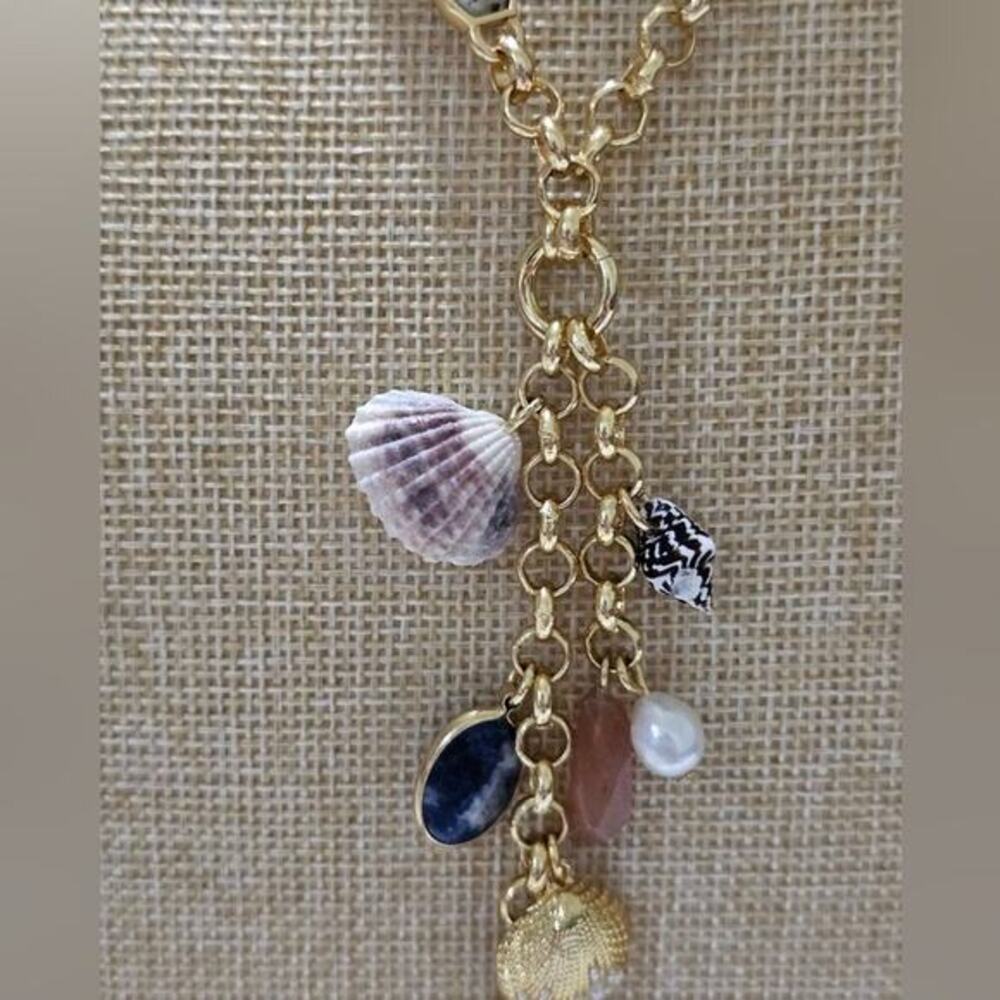 J. Crew Nautical Gold Shell Charm Necklace Stone Pearl Coastal Statement Jewelry - Picture 6 of 8